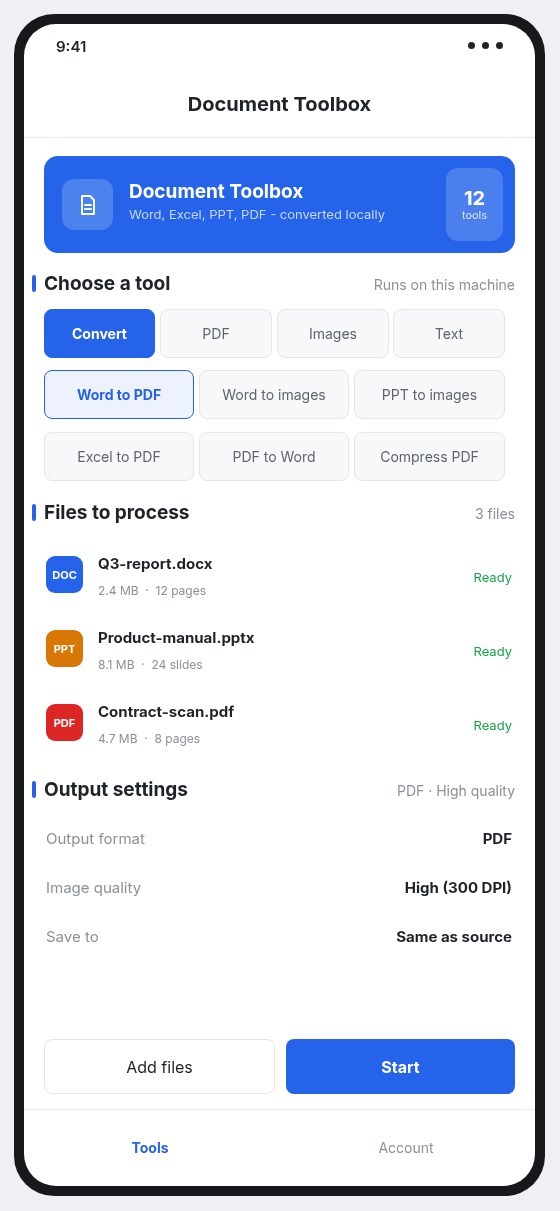 Document Toolbox mobile app interface on Android